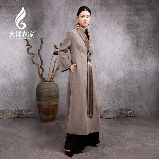 吉祥衣家白绵羊毛水貂毛女装大衣典雅新中式国风韧里飞白毛呢外套 商品图2