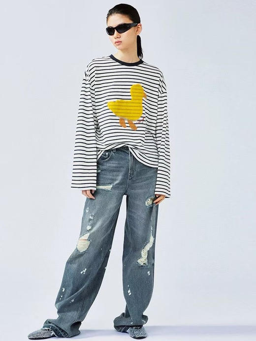 【断码 清仓 凑单】乌丫 25春季新款 可爱小黄鸭印花海魂条纹T恤 商品图1