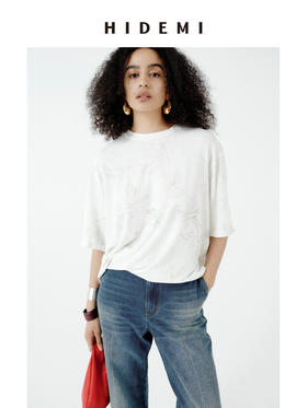 HIDEMI 自然花园手绘印花系列甄选天然亚麻针织圆领宽松版型t恤