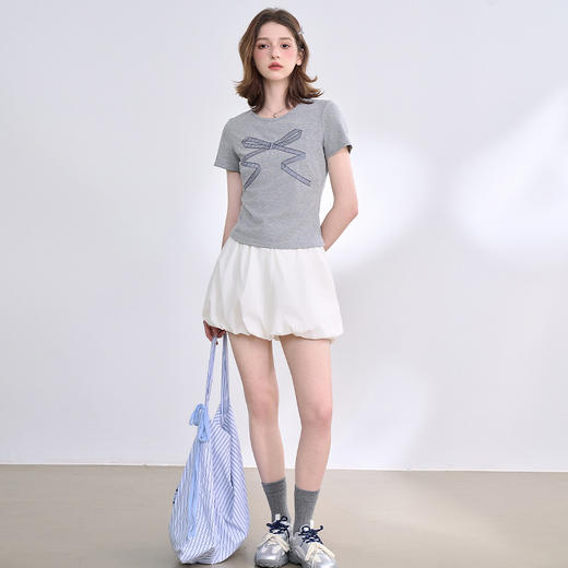 经典简约百搭蝴蝶结织带短袖T恤女2025春夏弹力针织上衣V0050354 商品图1