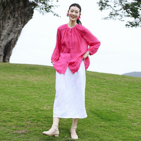 绽放旅行女装180朵/苎麻天丝绉布立领开襟插肩吸湿透气九分袖衬衫
