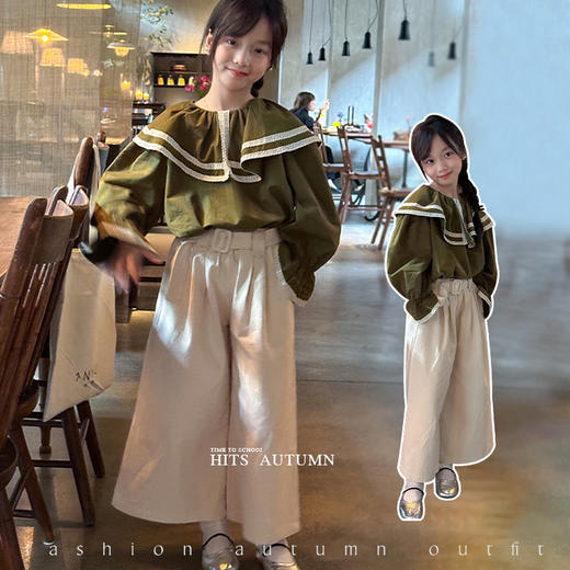 【麦乐拉 娃娃领芥末绿套装7095】儿童时尚套装 舒适韩系穿搭 上身不臃肿 蕾丝领设计 温柔风穿搭 商品图0