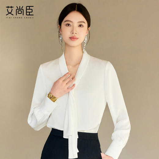 艾尚臣白色小众时尚洋气飘带衬衫女春秋季新款高级感时髦上衣衬衣 商品图1