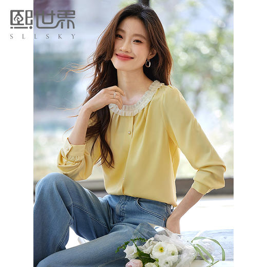 【专属特价】熙世界法式拼接花边圆领衬衫女长袖2025年春季新款通勤风气质上衣 商品图0