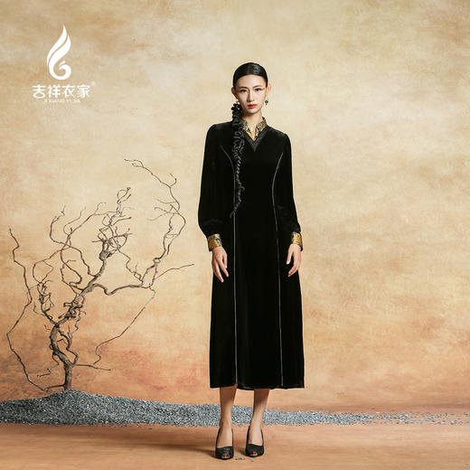 吉祥衣家新中式国风高级气质修身轻奢优雅云锦女装墨香锦年连衣裙 商品图0