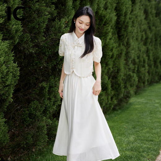 *IC新中式国风盘扣两件套连衣裙短袖t恤女中长款半身裙休闲套装 商品图3