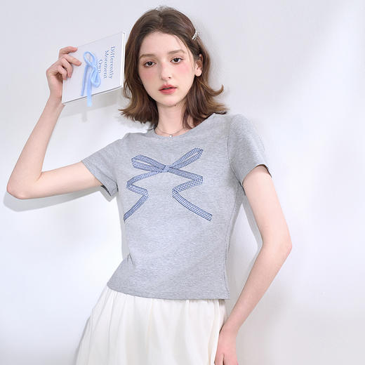 经典简约百搭蝴蝶结织带短袖T恤女2025春夏弹力针织上衣V0050354 商品图2