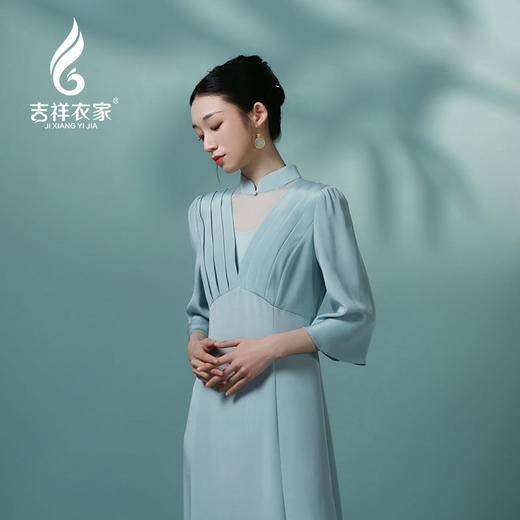 吉祥衣家中国风新中式气质高雅修身小香风女装驿桥春雨时连衣裙 商品图3