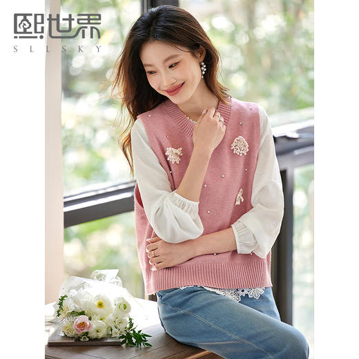 【年货节】熙世界法式立体花卉针织马甲女春季新款外穿叠穿宽松无袖背心上衣 商品图0