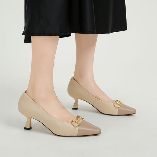 顺丰包邮42614洛诗琳双色小羊皮拼接尖方头马衔扣猫跟鞋31215 商品图1