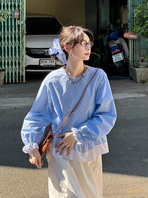 浮生八记/25A019/英式拼接牛仔蓝色芭蕾花瓣双层下摆衬衫 商品图0