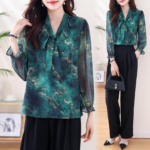 法式通勤飘带气质印花上衣，荷叶边优雅显瘦百搭衬衣KQL-E324N1413 商品图3