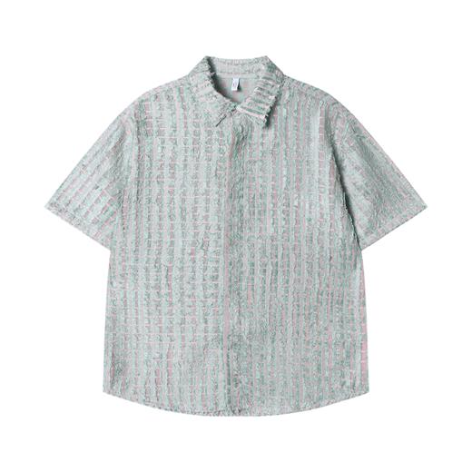 CS206夏季高级感新款韩版撞色格子流苏短袖衬衫休闲情侣宽松衬衣 商品图1