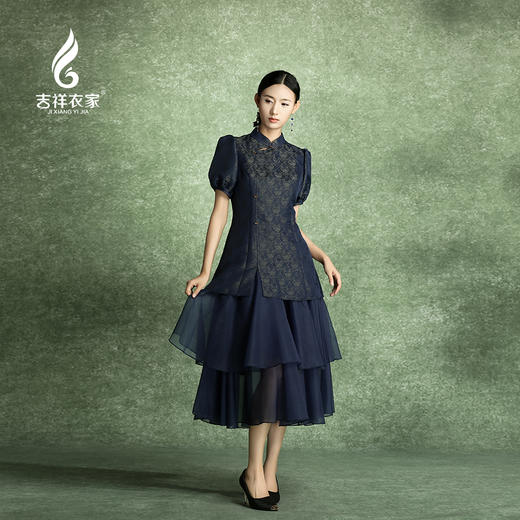 吉祥衣家新中式国风春夏新款高端气质显瘦修身女装花无异色连衣裙 商品图0