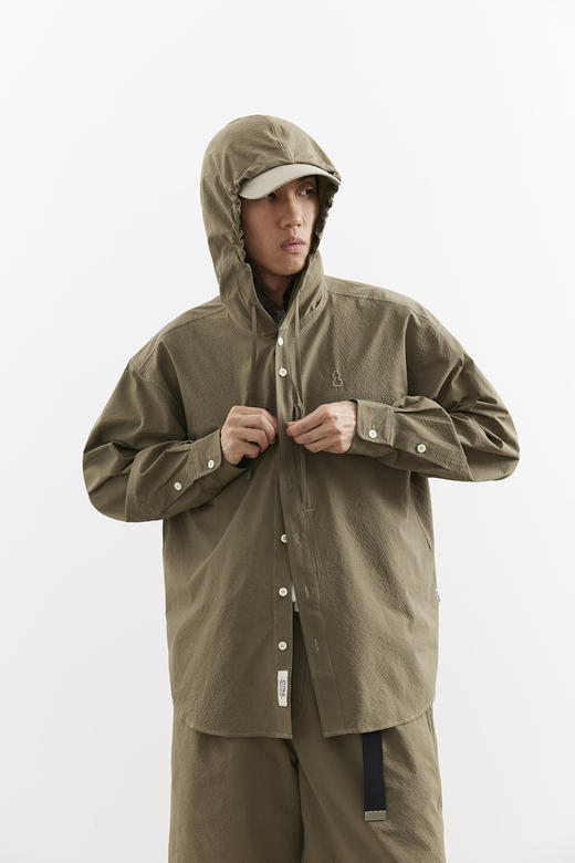 吃茶去chichaqu25速干泡泡纱格纹带帽长袖衬衫复古经典休闲山系 商品图1