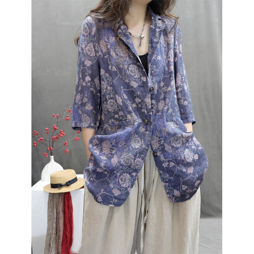 百媚生 苎麻混纺印花复古中袖休闲西服9066 商品图1