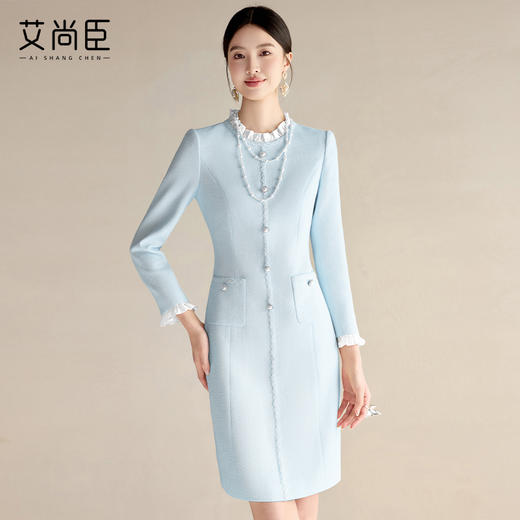 艾尚臣小香风连衣裙女2025春季新款时尚长袖裙子优雅花边领西装裙 商品图0