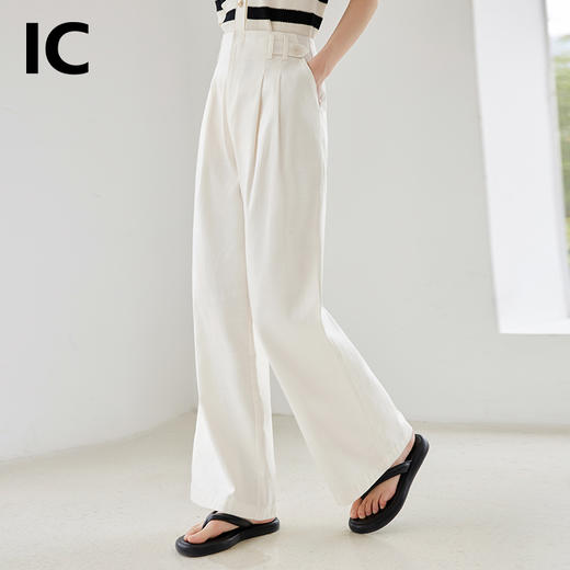 IC 白色简约透气舒适高腰直筒休闲裤女新款通勤气质百搭裤子 商品图1