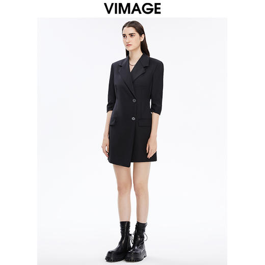 VIMAGE纬漫纪秋季新款洋气西装V领收腰显瘦五分袖短款连衣裙女V1607221 商品图1