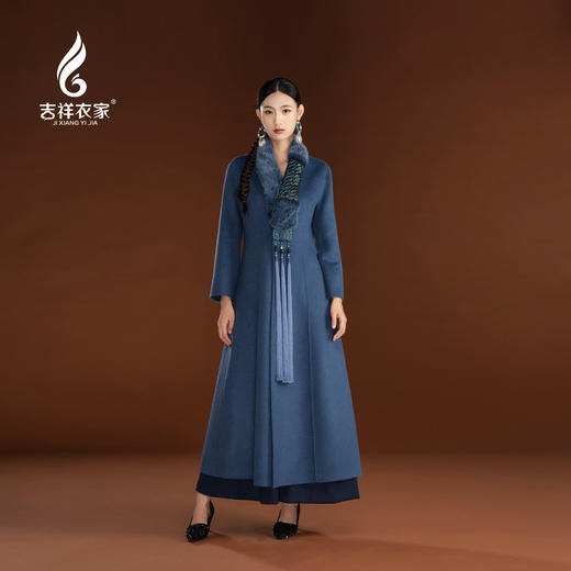 吉祥衣家绵羊毛水貂毛女装大衣典雅新中式国风毛呢螭龙悠悠外套 商品图0