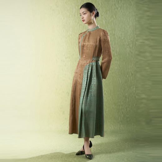 吉祥衣家新中式国风夏新款高端气质显瘦修身女装半盏青绿连衣裙 商品图0