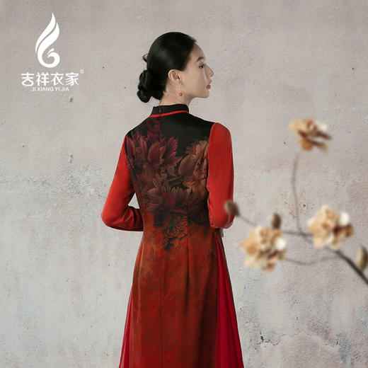 吉祥衣家新中式国风春款红色高端气质显瘦修身女装天香夜染连衣裙 商品图3
