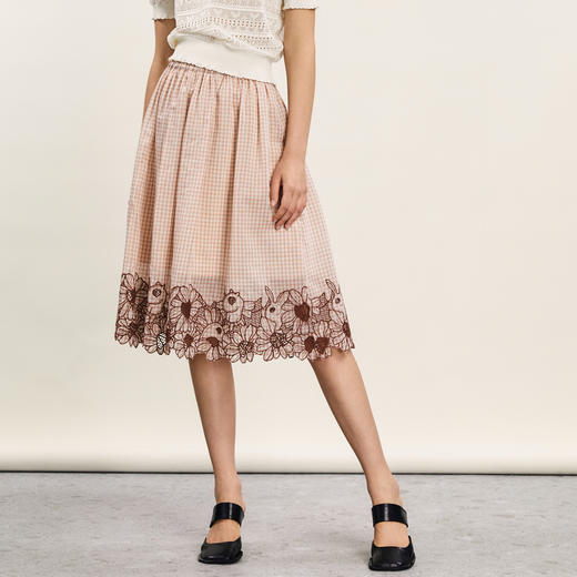 谜底优雅半身裙2024夏季新款文艺风格子刺绣宽松中长裙242MB0651 商品图0