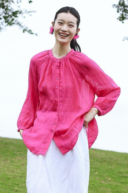 绽放旅行女装180朵/苎麻天丝绉布立领开襟插肩吸湿透气九分袖衬衫 商品图5