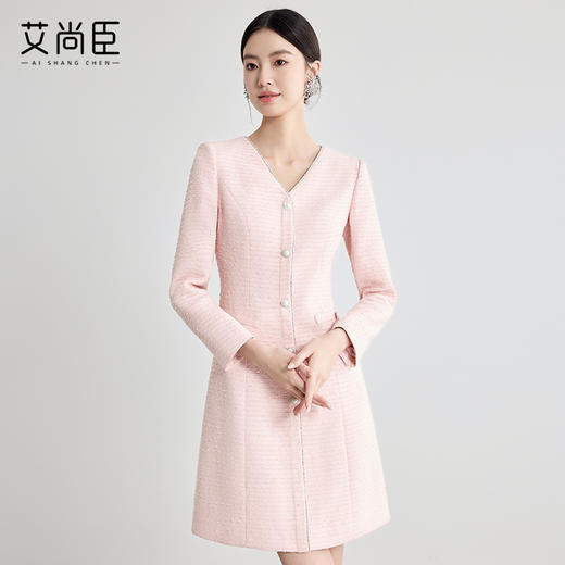 艾尚臣高级感粉色连衣裙女2025早春新款气质法式名媛中长裙工作服 商品图0