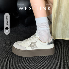 西遇星星德训鞋女新款韩系复古小白鞋撞色轻便厚底板鞋V0356322