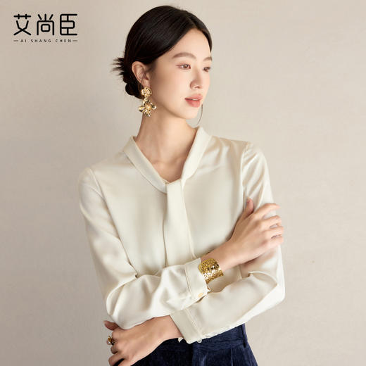 艾尚臣通勤杏色衬衣设计感小众法式小衫飘带衬衫女长袖面试上衣春 商品图0