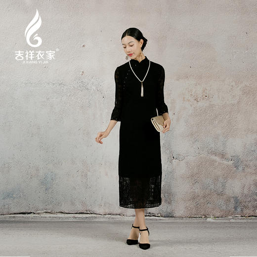 吉祥衣家新中式国风春夏款高端气质显瘦修身女装黑美人珍珠连衣裙 商品图1