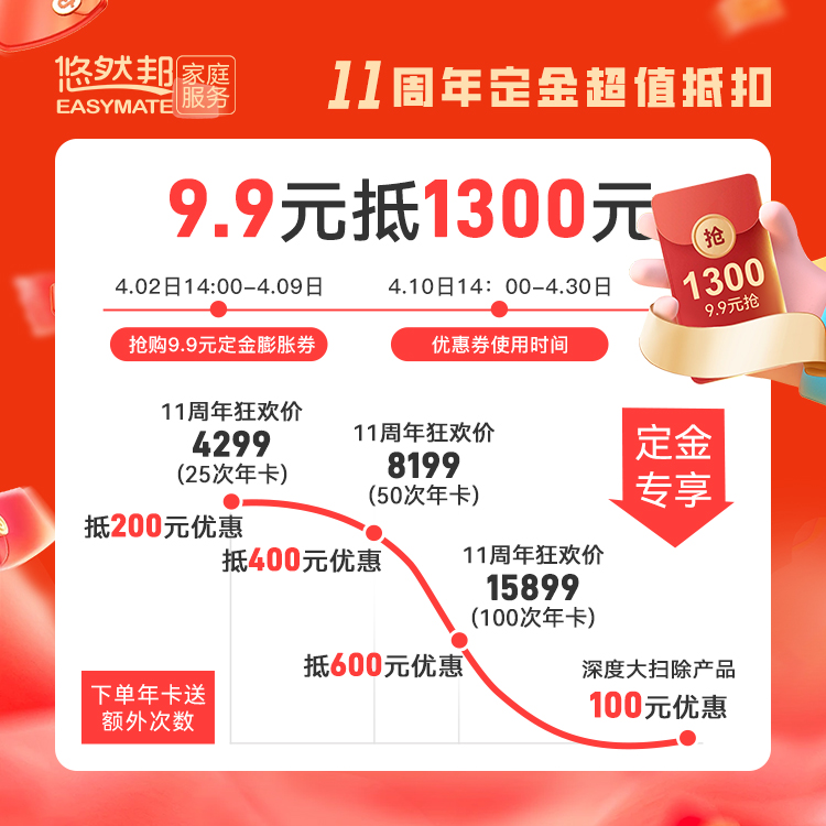 【十一周年定金膨胀】9.9元抵1300元（使用时间4月10日-4月30日）