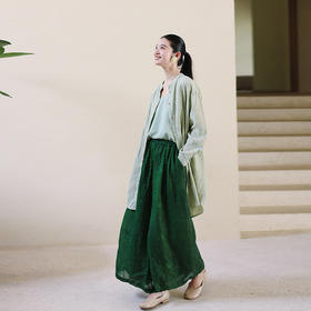 绽放旅行女装204朵/嫩芽绿衬衫色织亚麻酵磨洗小立领中长款外套