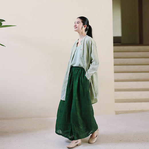 绽放旅行女装204朵/嫩芽绿衬衫色织亚麻酵磨洗小立领中长款外套 商品图0
