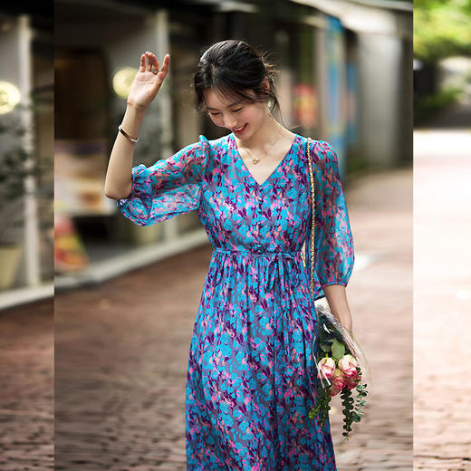 丁摩 100%桑蚕丝名媛法式真丝连衣裙90485 商品图1