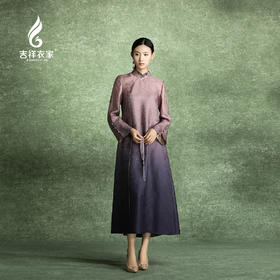吉祥衣家新中式国风复古桑蚕丝高端气质修身女装炉烟双袖紫连衣裙