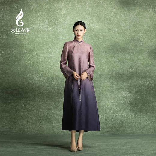 吉祥衣家新中式国风复古桑蚕丝高端气质修身女装炉烟双袖紫连衣裙 商品图0