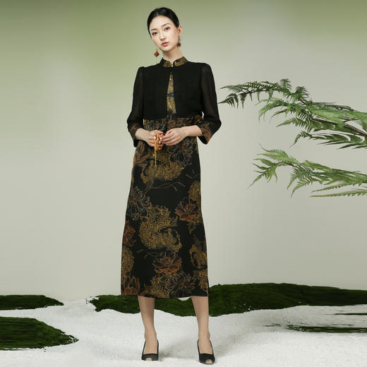 吉祥衣家新中式国风春夏新款高端气质显瘦修身女装凤舞荷韵连衣裙 商品图0