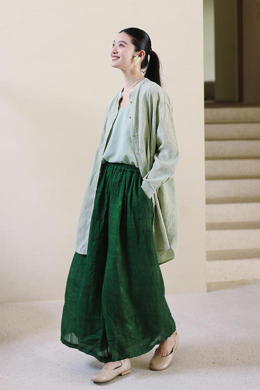 绽放旅行女装204朵/嫩芽绿衬衫色织亚麻酵磨洗小立领中长款外套 商品图5