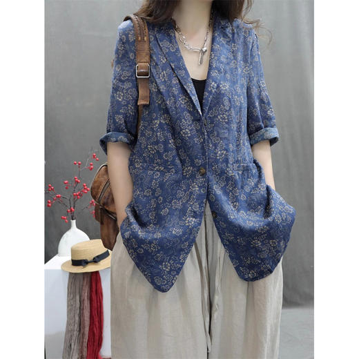 百媚生 苎麻混纺印花复古中袖休闲西服9066 商品图4