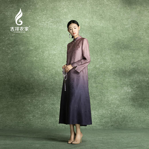 吉祥衣家新中式国风复古桑蚕丝高端气质修身女装炉烟双袖紫连衣裙 商品图1