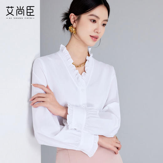 艾尚臣长袖衬衫女2025新款高级感精致V领木耳边通勤百搭法式衬衣 商品图0