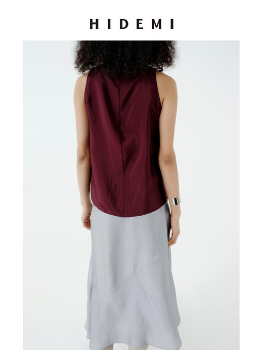 HIDEMI 极简设计感堆叠荡漾领缎面再生纤维飘逸感定染勃艮第红套装 上衣/阔腿裙裤 商品图8