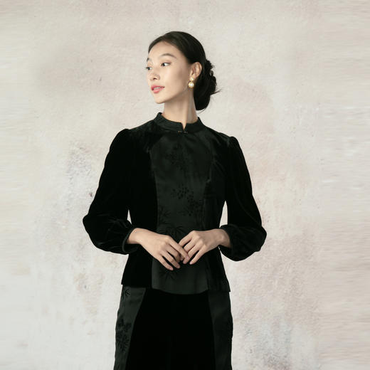 吉祥衣家新中式国风夏新款高端气质显瘦修身黑色女装风瑶玉枝上衣 商品图4
