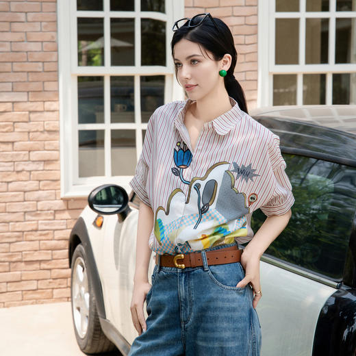 谜底条纹衬衫短袖女2025夏新款通勤风粉色定位印花衬衣256MC6242 商品图1