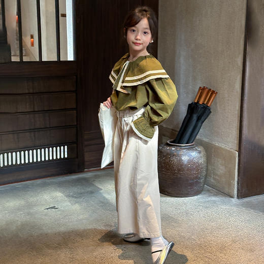 【麦乐拉 娃娃领芥末绿套装7095】儿童时尚套装 舒适韩系穿搭 上身不臃肿 蕾丝领设计 温柔风穿搭 商品图2