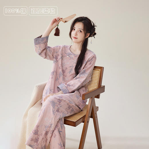 雀说 纯棉国风睡衣新中式双层纱薄款家居服 商品图0