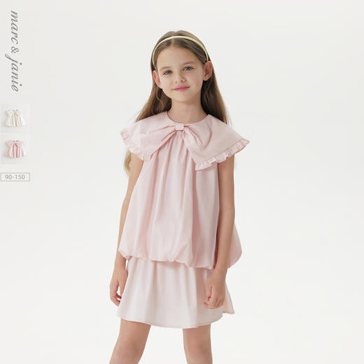 马克珍妮女童蝴蝶结花边领花苞衬衫儿童衬衣2025年夏装新款550333 商品图0