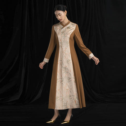 吉祥衣家宋锦复古国风高端气质显瘦优雅新中式女装绿竹猗猗连衣裙 商品图1